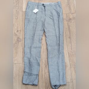$1400 Mens Brunello Cucinelli Glen Plaid Linen-Blend Trousers Gray 52 US 36